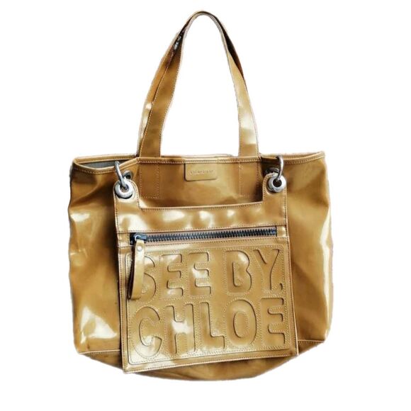 See by Chloe | Golden Yellow Vintage Mod Style Patent PVC Leather Tote Bag, VGUC - Picture 1 of 12